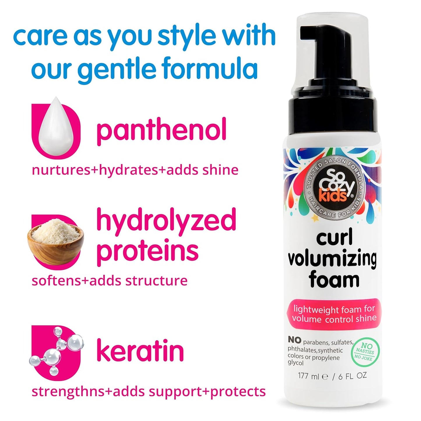 SoCozy Curl Volumizing Hair Mousse for Kids - Enhances Shine & Volume | Gentle Formula (6 Fl Oz)