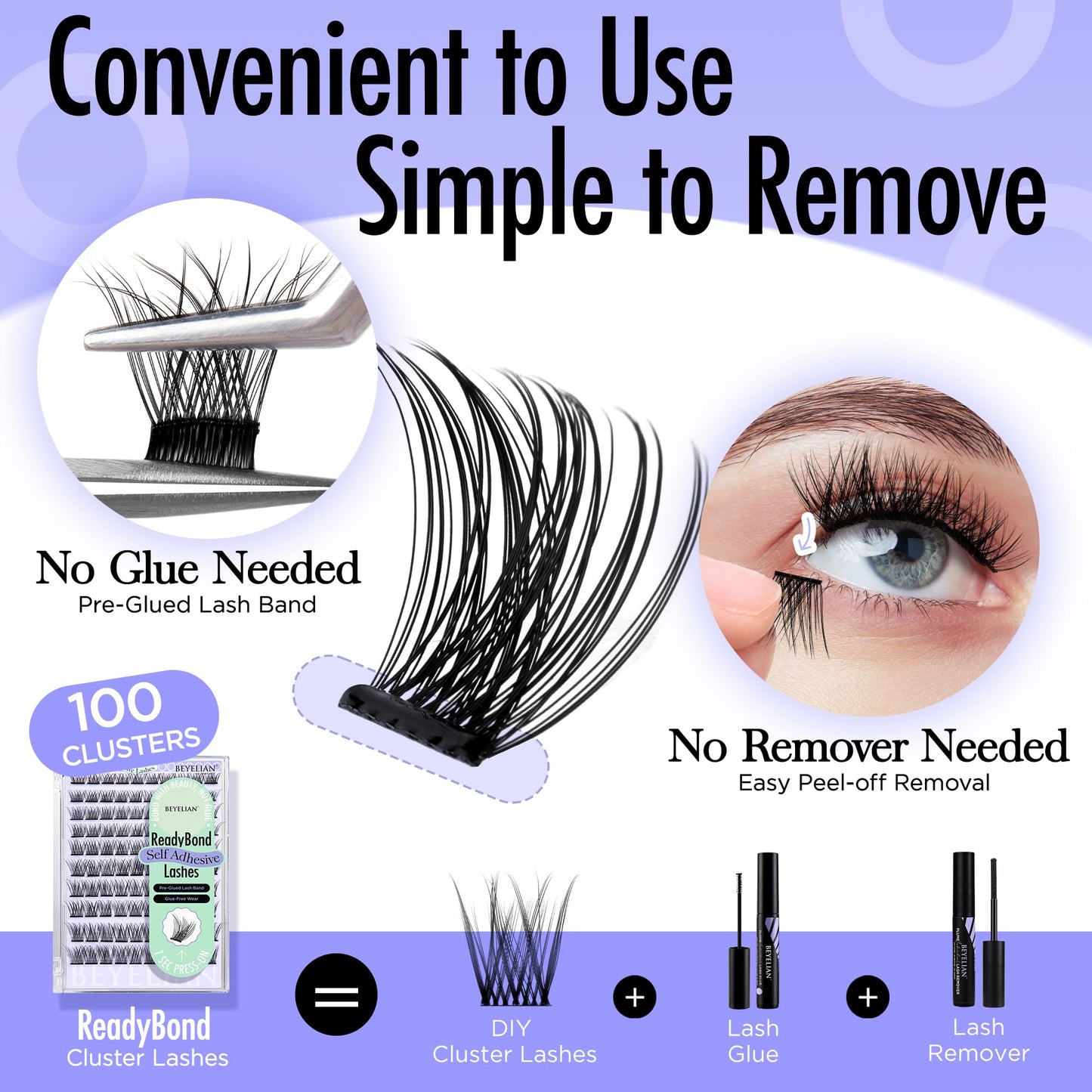 BEYELIAN Self Adhesive Lashes, D+ Curl Press On Eyelashes, No Glue No Remover Needed, Pre Glued Lash Extension with Tweezer Self Stick Easy to Apply at Home 100 pcs (Y01,10-16mm)