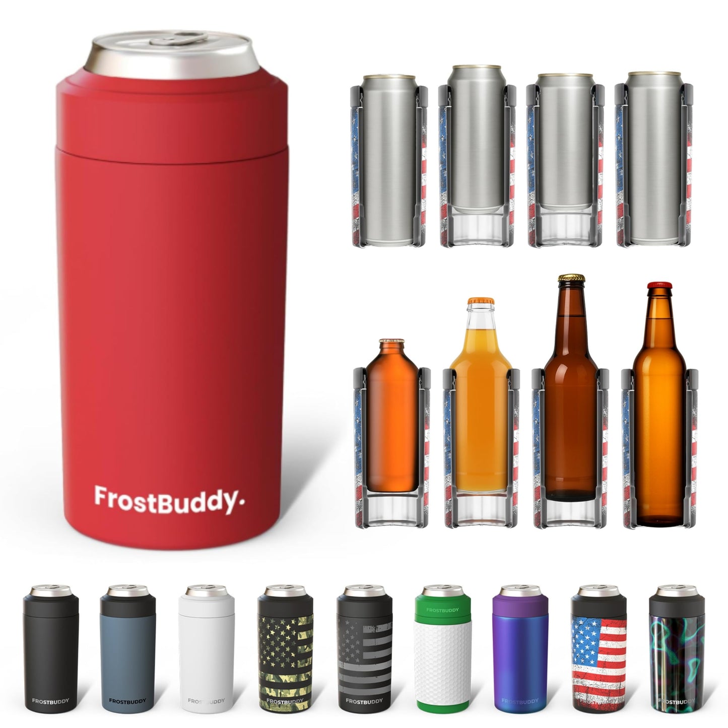 Frost Buddy Universal Buddy Can Cooler - Fits All - For Regular 12 & 16 oz or Slim-Size Bottles - Insulated Double -Walled Stainless Steel (All white)