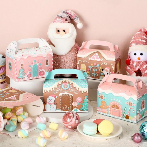 Regine Switzerland 20 Pcs Pink Christmas Treat Boxes - 3D Gingerbread House Design for Cookies & Snacks