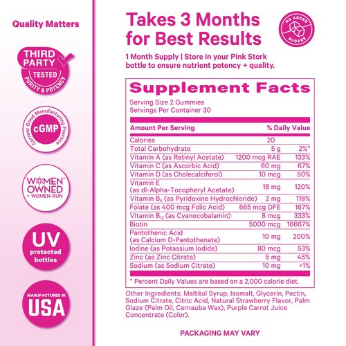Pink Stork Total Glow Gummies for Women – Hair, Skin & Nails Vitamin with Biotin, Vitamin A, B6, B12, Folate, Zinc & More – Support for Radiant Skin, Strong Nails, and Healthy Hair – 60 Berry Gummies
