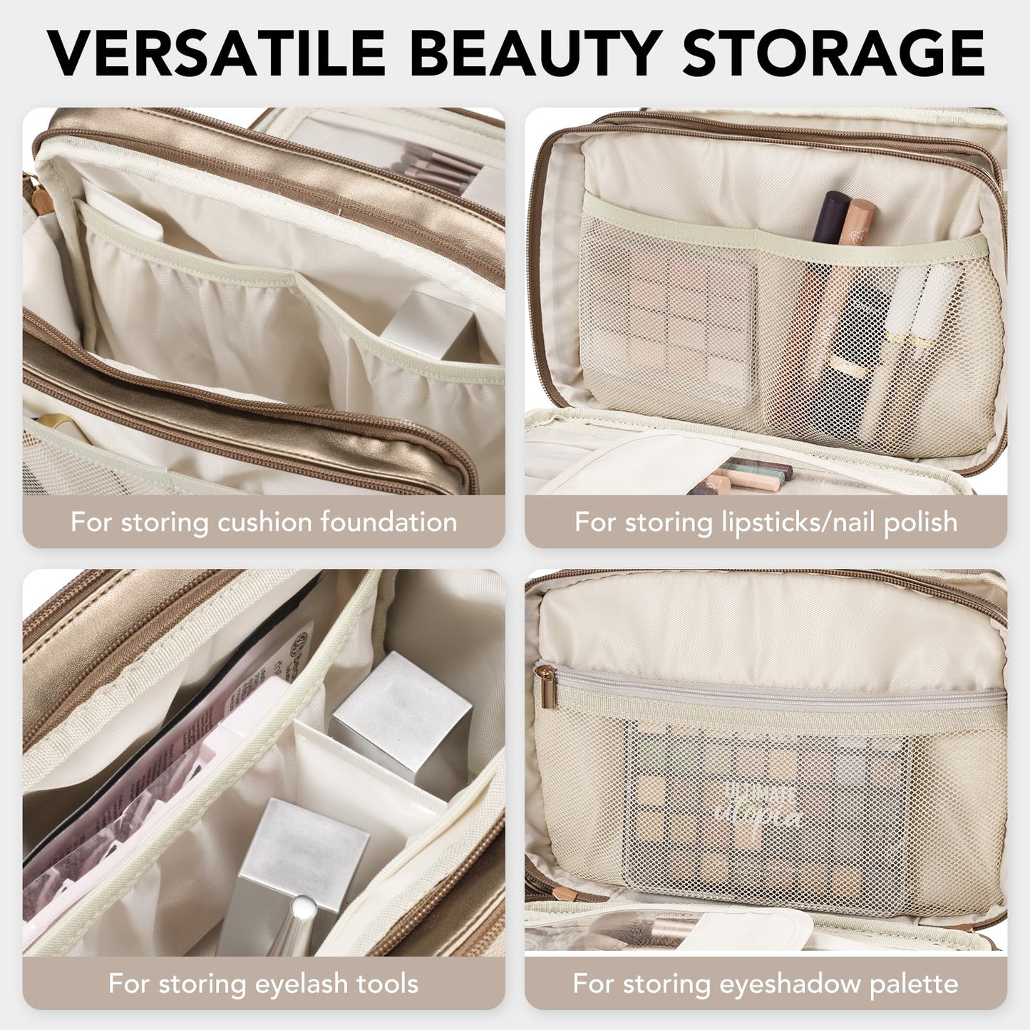 Travel Makeup Bag Women's Large Capacity Cosmetic Portable Organizer Large Opening Waterproof Storage Toiletry Bags Vertical Free-Standing Brush Holder for Easy Access Copper