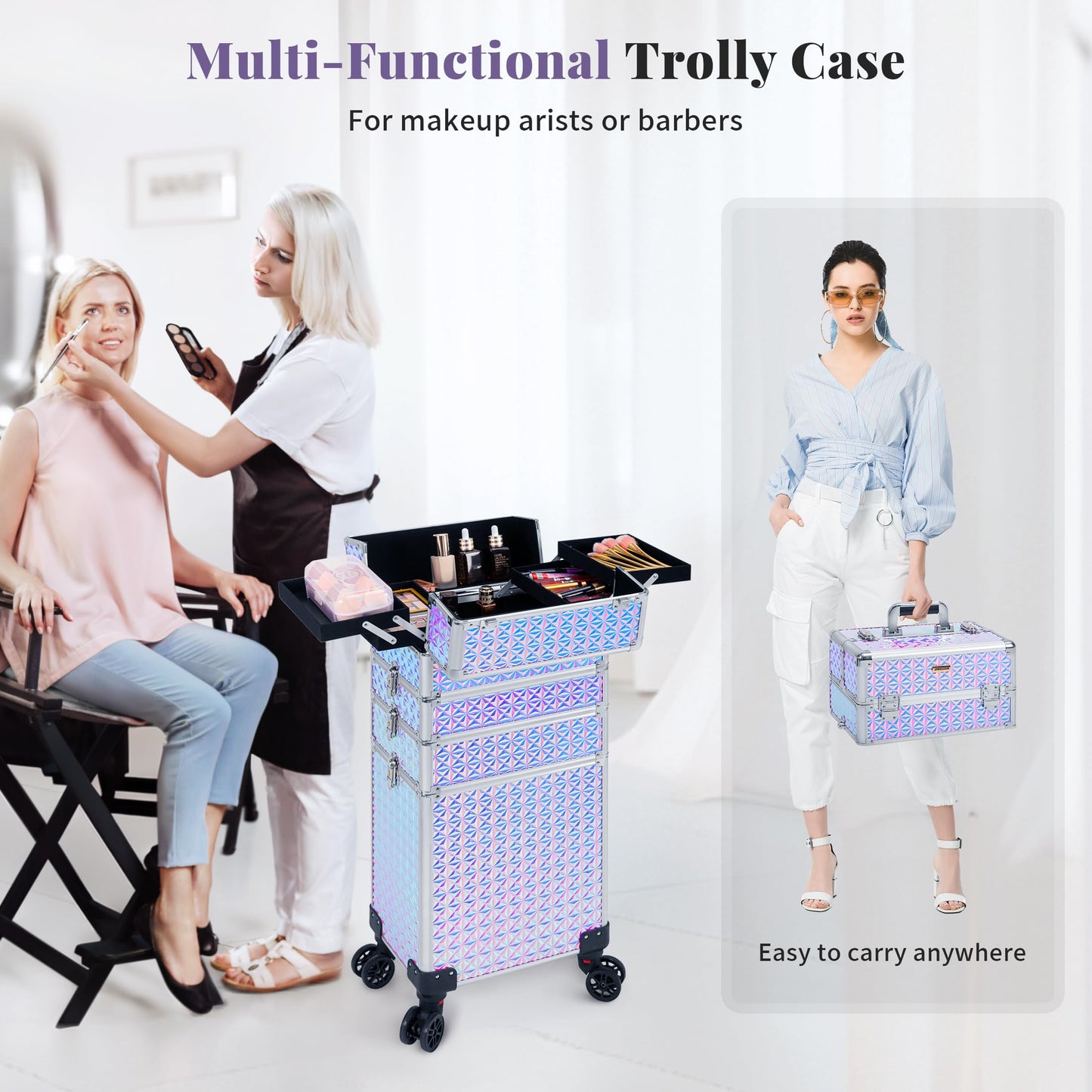 JINGUAN Rolling Makeup Train Case Large Storage Cosmetic Trolley 5 in 1 Large Capacity Trolley Makeup Travel Case with Key Swivel Wheels Salon Barber Case Traveling Cart Trunk, Silver