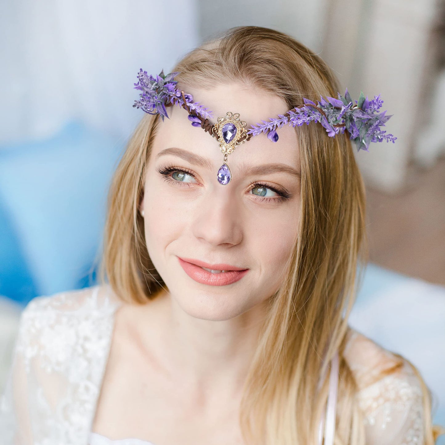 MOSTORY Fairy Flower Crown Elf Floral Headband Elven Crystal Headpiece Bohemian Circlet for Renaissance Halloween Christmas Cosplay Photoshoot Party