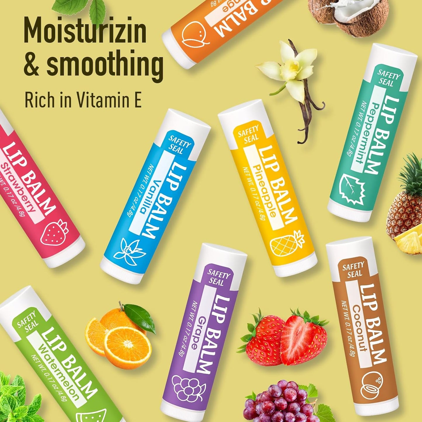 Skiennix 32 Pack Lip Balm | Natural Moisturizing Formula with Vitamin E & Coconut Oil - 8 Flavors for Dry Lips