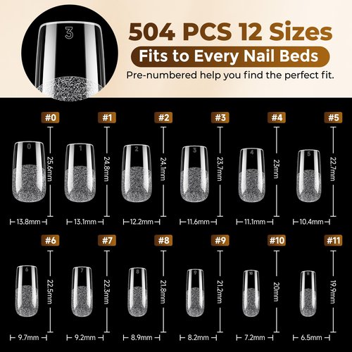 UNA GELLA Square Fake Nails, 504pcs Gel Nail Tips Clear Press on Nails Pre-shape for Full Cover Square Nails French False Nails For Nail Extension Nail Art Home DIY 12 Sizes False Gelly Tips