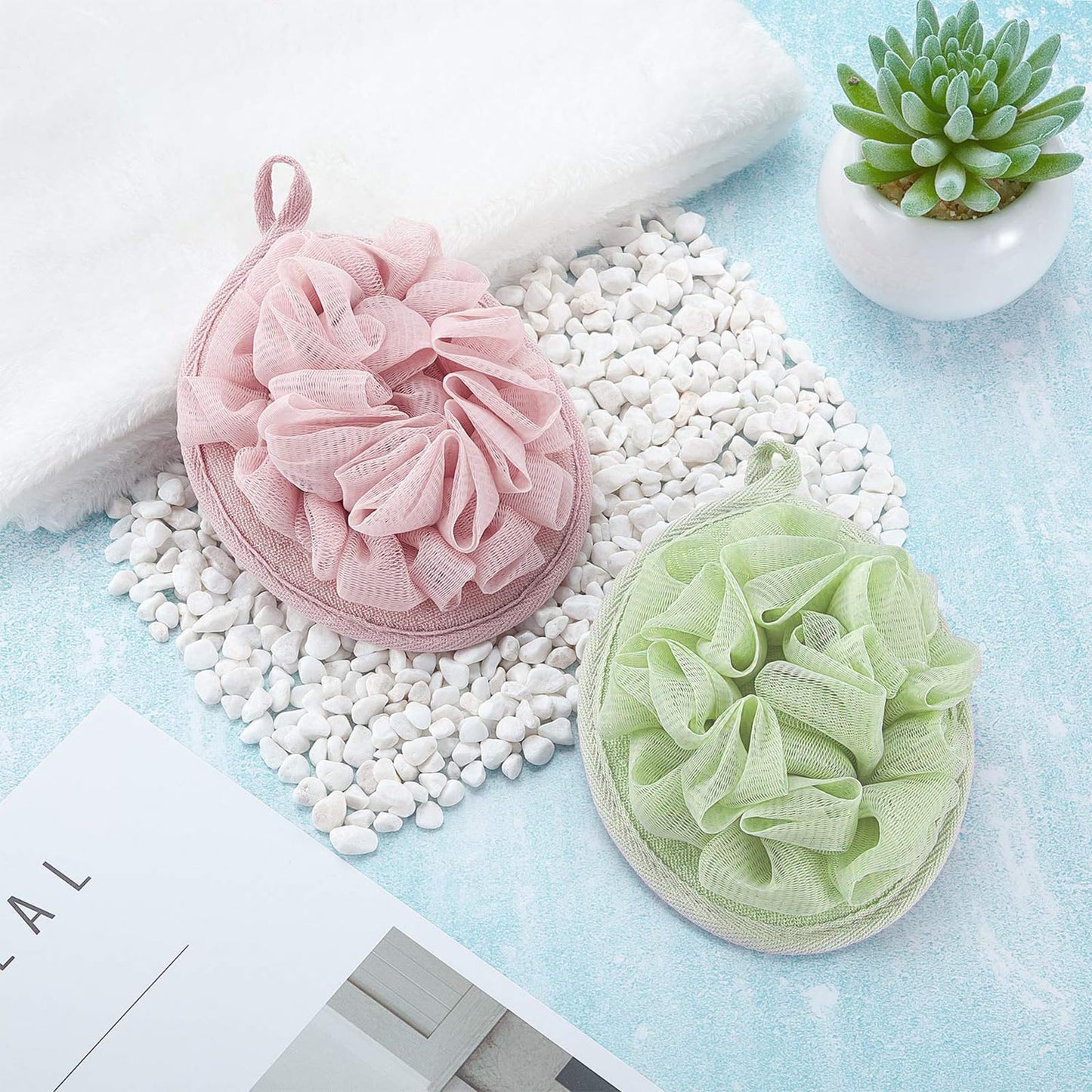Boao 6 Pcs Bath Shower Pouf Sponge Mesh Pouf Shower Ball Exfoliating Body Sponge Pad Shower Scrubber Ball Shower Glove with Flower Bath Ball (Green,Light Pink)