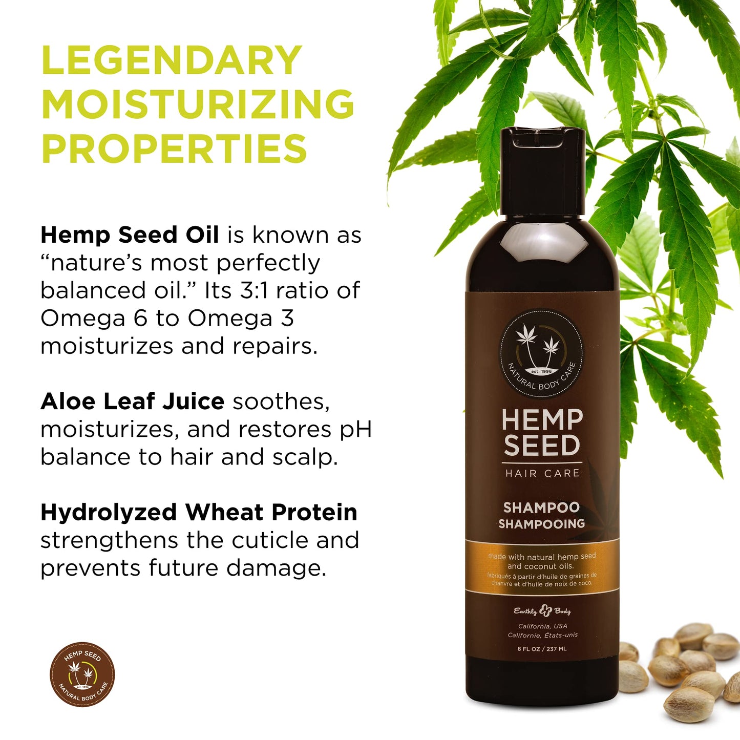 Hemp Seed Hair Care Shampoo, Naked in the Woods - 8 oz - Moisturizes Hair, Cleans & Soothes Scalp - Sulfate-Free Formula with Hemp Seed Oil & Coconut Oil - Vegan, Cruelty Free