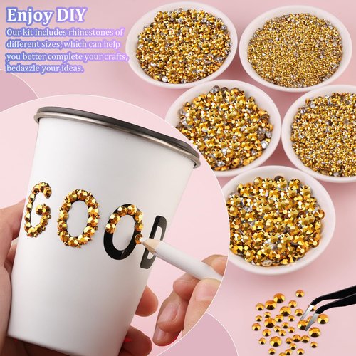 25000Pcs Resin Rhinestones for Crafting, Mine Gold 2-6mm Mixed Sizes Non Hotfix Flatback Gems with 1Pcs Glue, Bedazzling Crystal for DIY Craft Clothing Mugs Tumblers Shoes Fabric Decor Nail Art