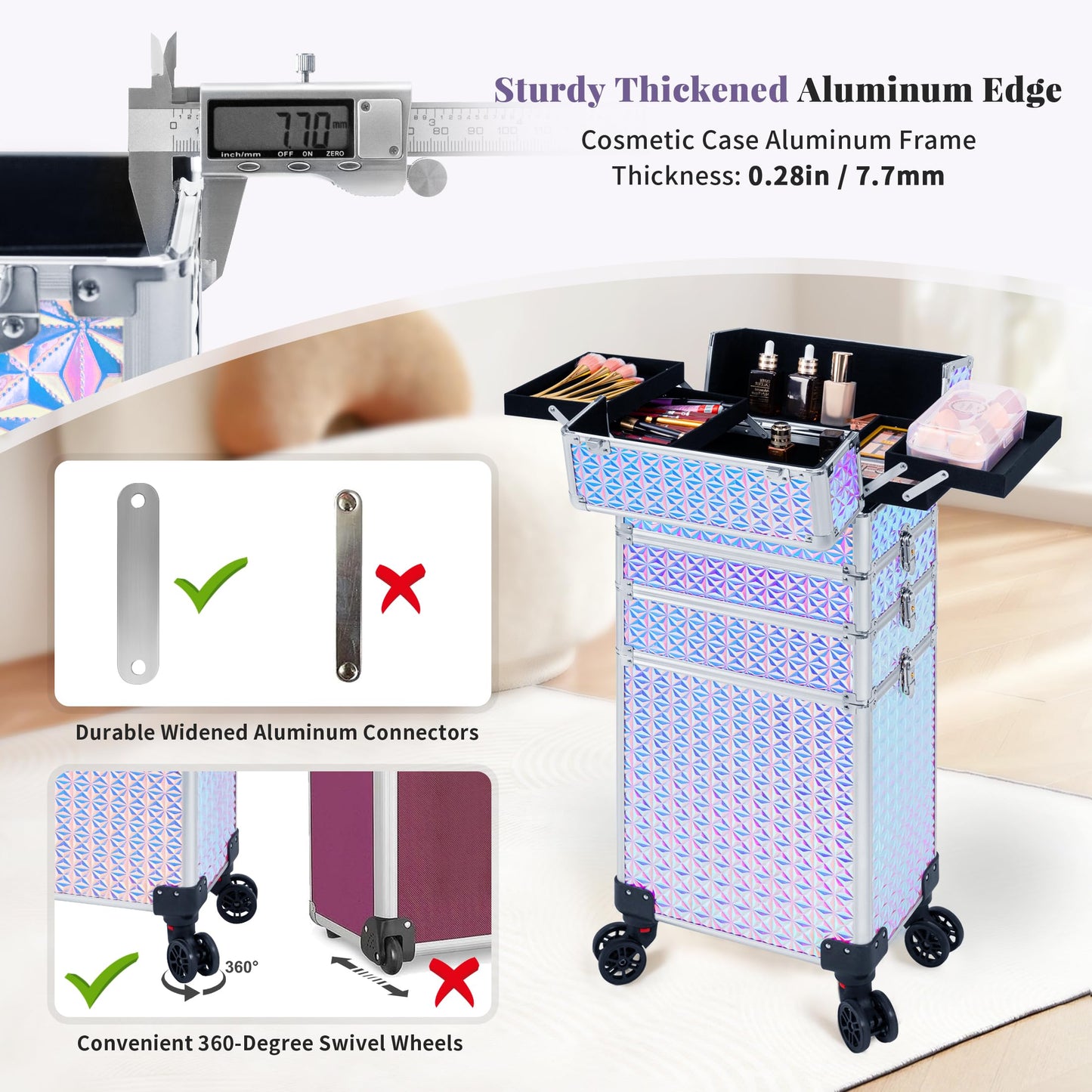 JINGUAN Rolling Makeup Train Case Large Storage Cosmetic Trolley 5 in 1 Large Capacity Trolley Makeup Travel Case with Key Swivel Wheels Salon Barber Case Traveling Cart Trunk, Silver