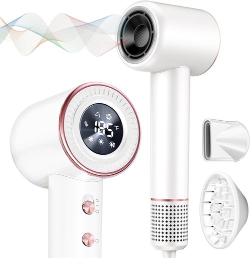 Rudd Hair Dryer - High-Speed Blow Dryer with Diffuser & 160,000 RPM Brushless Motor | Low Noise, White
