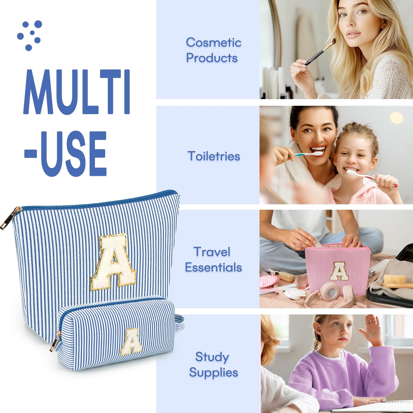 mibasies 2 PCS Initial Makeup Bags for Women: Cosmetic Bag for Travel Toiletry - Birthday Gifts for Girls Sister Wife Friend Daughter - Preppy Teen Girl Gifts Trendy Stuff - Blue D