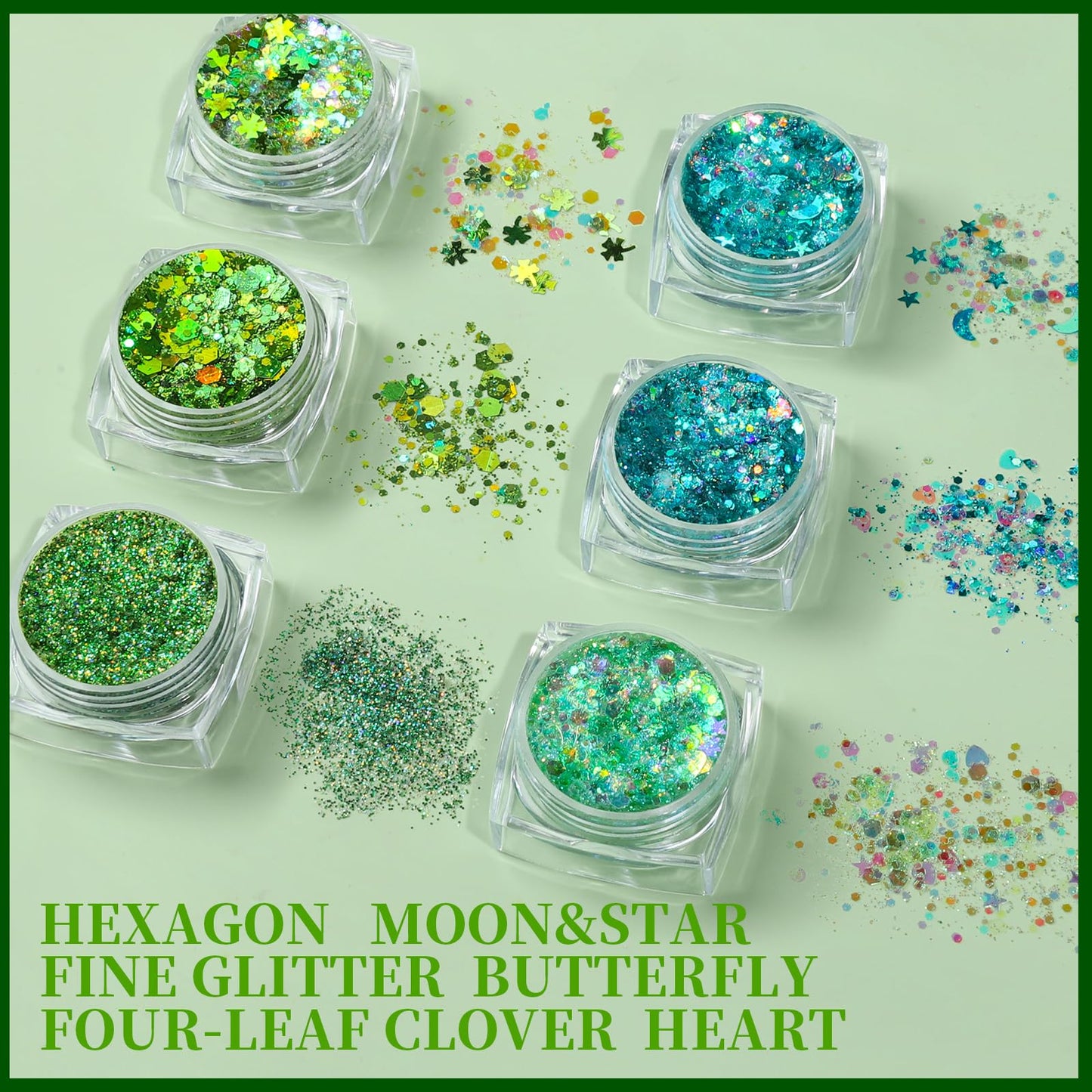 Teenitor Green Face Glitter, 6 Shapes Face and Body Glitter, Hair Glitter Gel, Body Glitter Gel for Festival Makeup, Makeup Glitter for Face, Body, Hair
