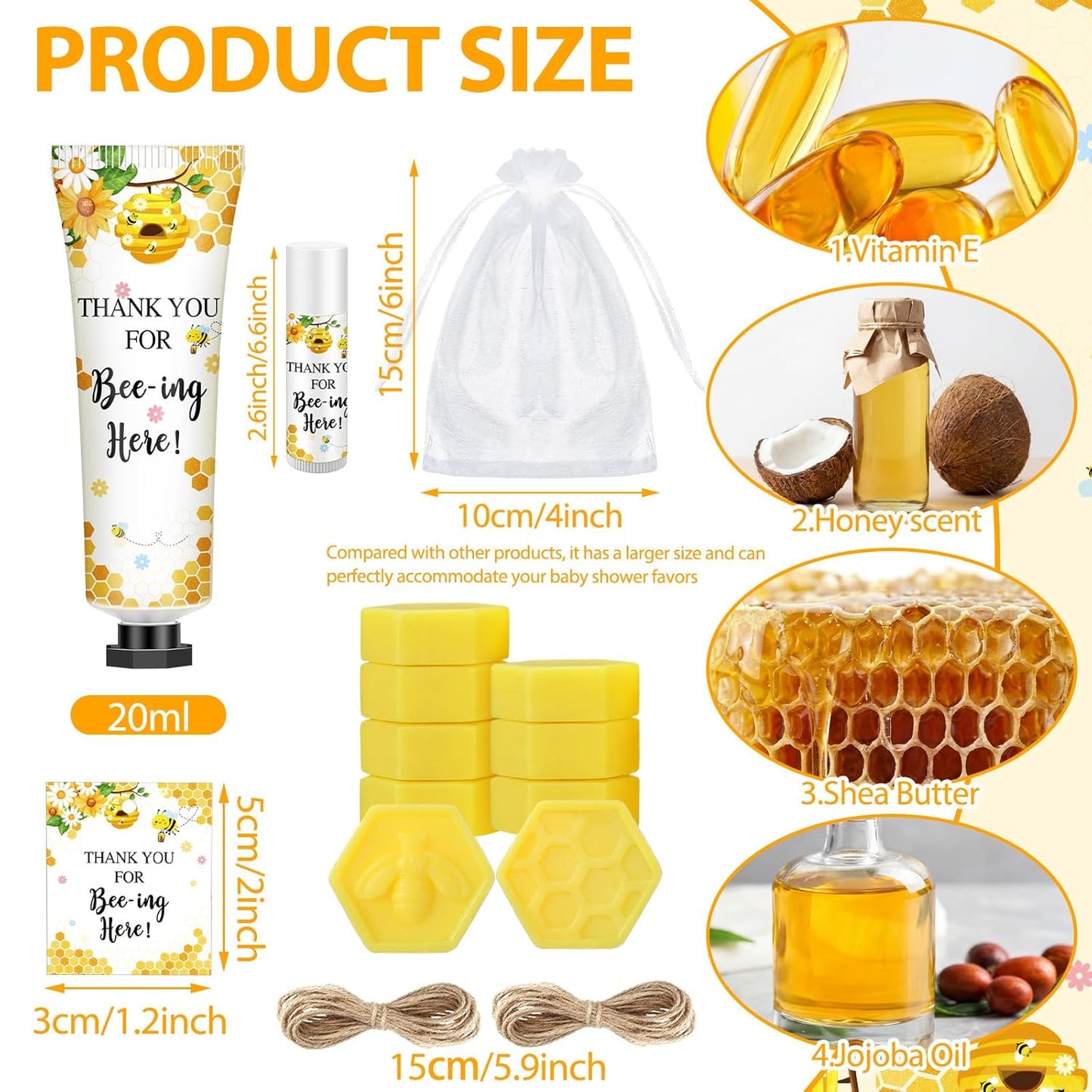 Skiennix Bee Themed Baby Shower Favors - 75 Pcs Lip Balms, Hand Cream & Honeycomb Soap | Perfect Gender Reveal Gift