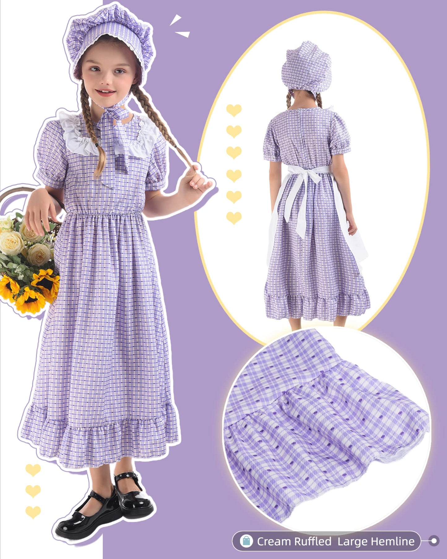 NSPSTT Pioneer Dresses for Girls Colonial Costume Prairie Dresses for Girls Polka Dot Dress, Purple XXL