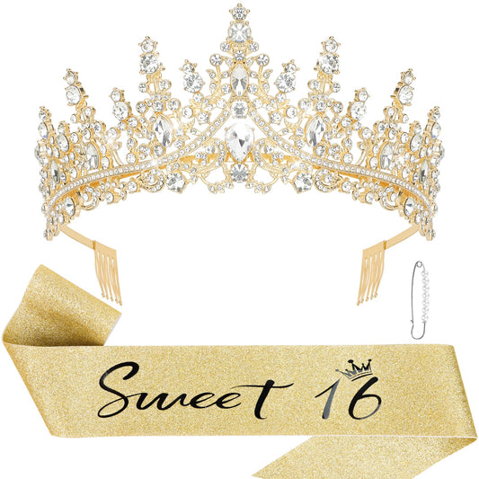 CIEHER Sweet 16 Birthday Sash & Dazzling Crown and Pearl Pin Set for Sweet 16 Birthday Decorations, Sweet 16 Tiara 16th Birthday Crown Sweet 16 Gifts for Girls Sweet 16 Birthday Party Decorations