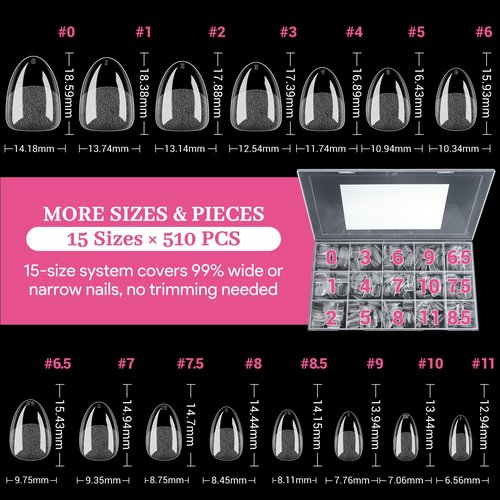 Qiek Extra Short Almond False Nail Tips, 15 Sizes 510 PCS Clear Soft Press On Fake Nail Pre-shaped Half Matte Full Cover Gel Nail Tips Extensions Thick Long Lasting for DIY Beginners & Salon Manicure