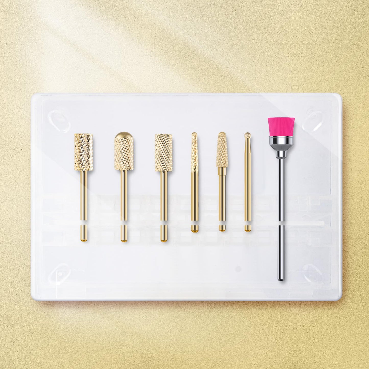 MelodySusie Nail Drill Bits Set, 7pcs Tungsten Carbide Nail Bits for Nail Drill E-file, 3/32 inch Bits Manicure Pedicure Remover Tools for Acrylic Gel Nails, Salon Home Nail Care Supplies, Gold