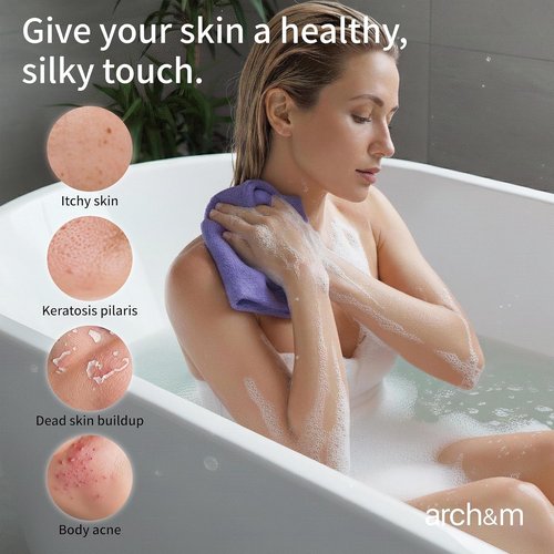 ARCH&M Exfoliating Washcloth Body Scrubber - 35-Inch Japanese & Korean-Style Back Towel | Quick-Dry 3 Pack for Smoother Skin