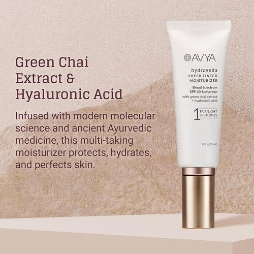 AVYA SPF 40 Sheer Tinted Moisturizer - Hydrating Hyaluronic Acid & Green Chai for Brighter Skin | Fair & Light Shade (1.7oz/50ml)
