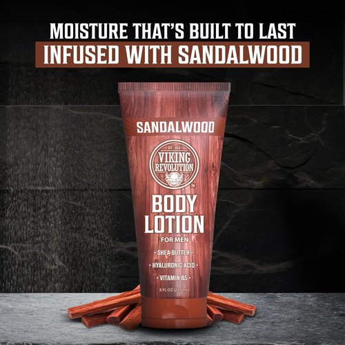 Viking Revolution Sandalwood Body Lotion for Men – Mens Lotion for Dry Skin with Shea Butter, Hyaluronic Acid and Vitamin B5 – Nourishing Mens Body Lotion for Hydrated and Smooth Skin (8oz, 1 Pack)
