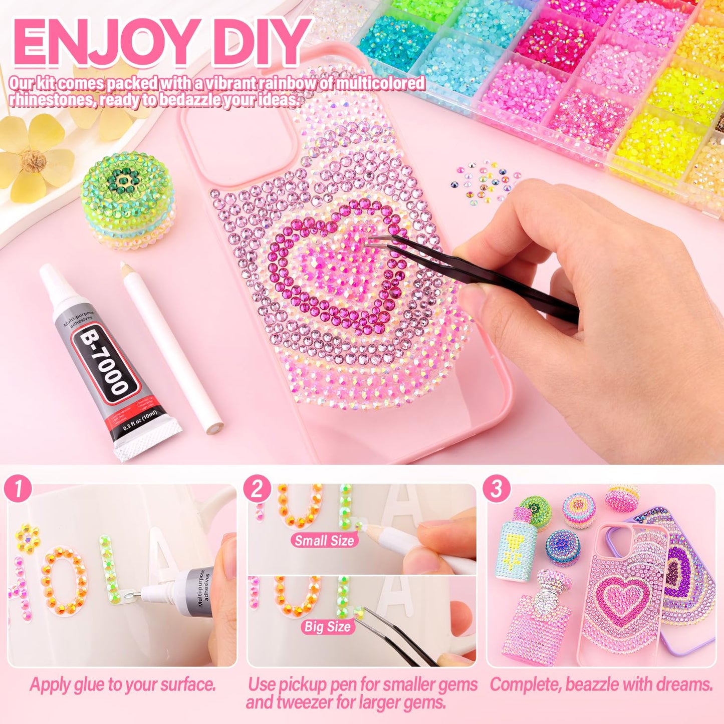 Resin Rhinestones for Bedazzling Kit, 34000Pcs Mixed-Color 3mm Bedazzled Crystal with 3Pcs 10ml B7000 Jewelry Glue, Flatback Gems for DIY Crafts Clothing Nail Art Makeup