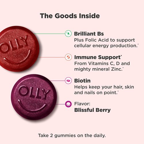 OLLY Women's Daily Multivitamin Gummies - Chewable Vitamins A, D, C, E & Biotin | Berry Flavor, 130 Count