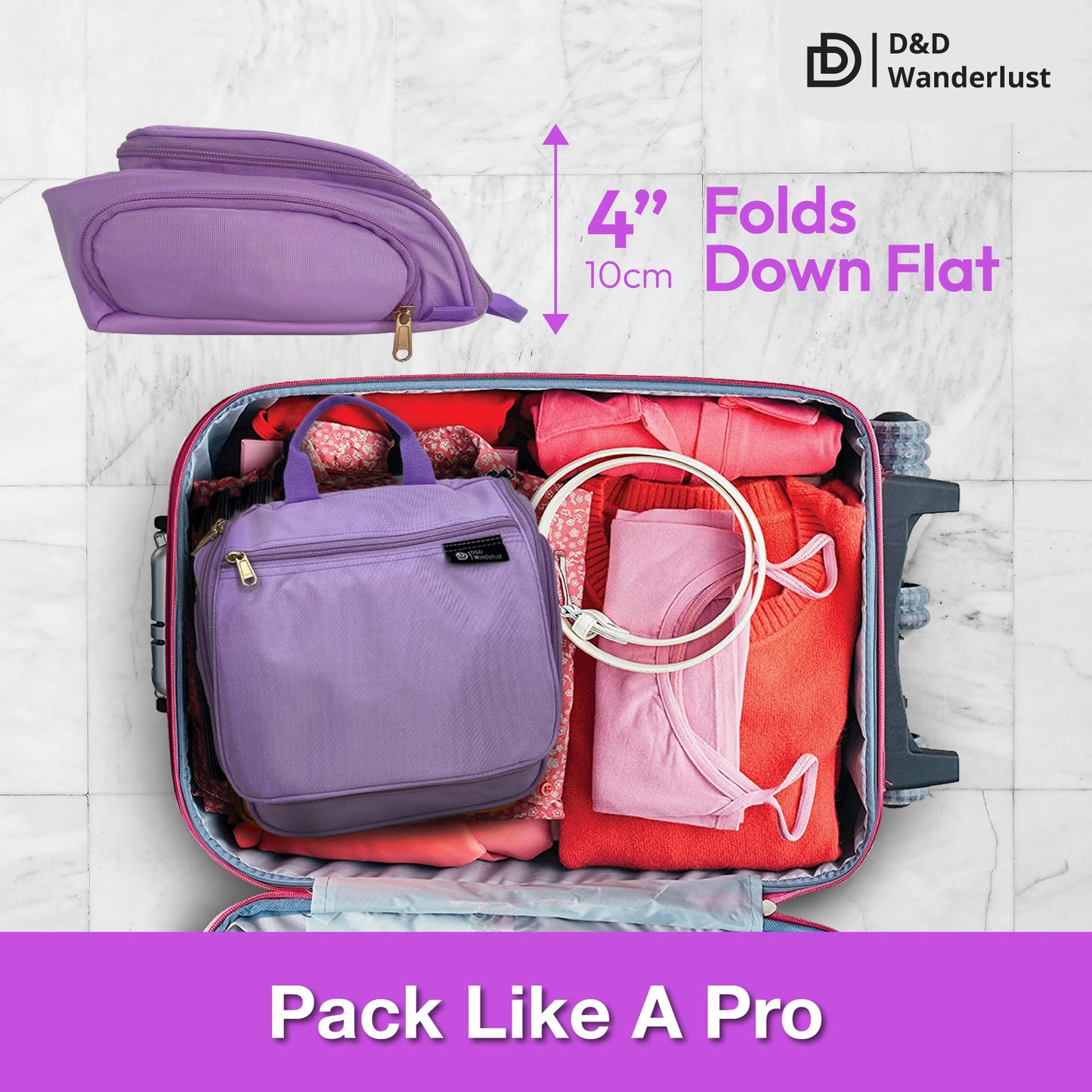 D&D Hanging Travel Toiletry Bag for Men and Women – Cosmetics, Makeup and Toiletries Organizer Kit with 10 Compartments, YKK Zippers, XXL Metal Swivel Hook, Water-Resistant Nylon