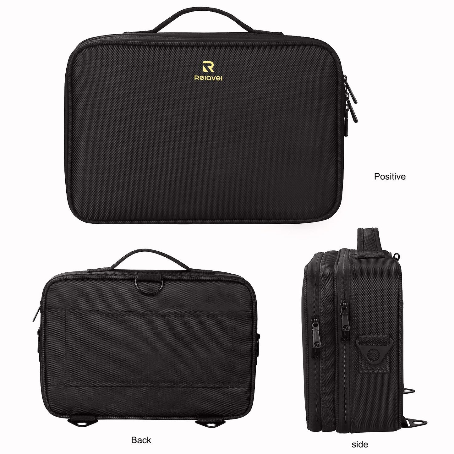 Relavel Makeup Bag Travel Makeup Train Case 13.8 inches Large Cosmetic Case Professional Portable Makeup Brush Holder Organizer and Storage with Adjustable Dividers and Shoulder Strap Black