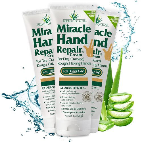 Miracle Hand Repair Cream - Fast Absorbing Moisturizer with 60% Aloe Vera | 1 oz, 3-Pack for Dry Cracked Hands