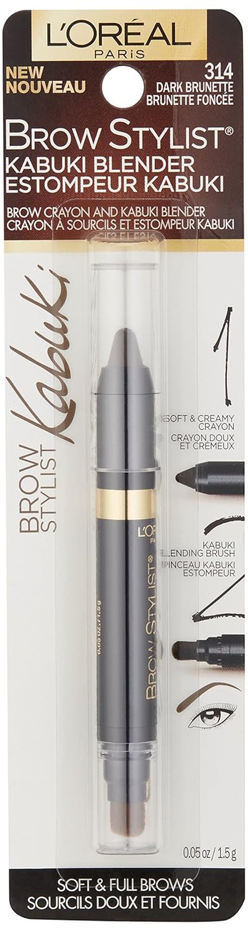 L'Oréal Paris Brow Stylist Kabuki Blender | Dark Brunette Brow Crayon - 0.05 oz for Perfect Brows