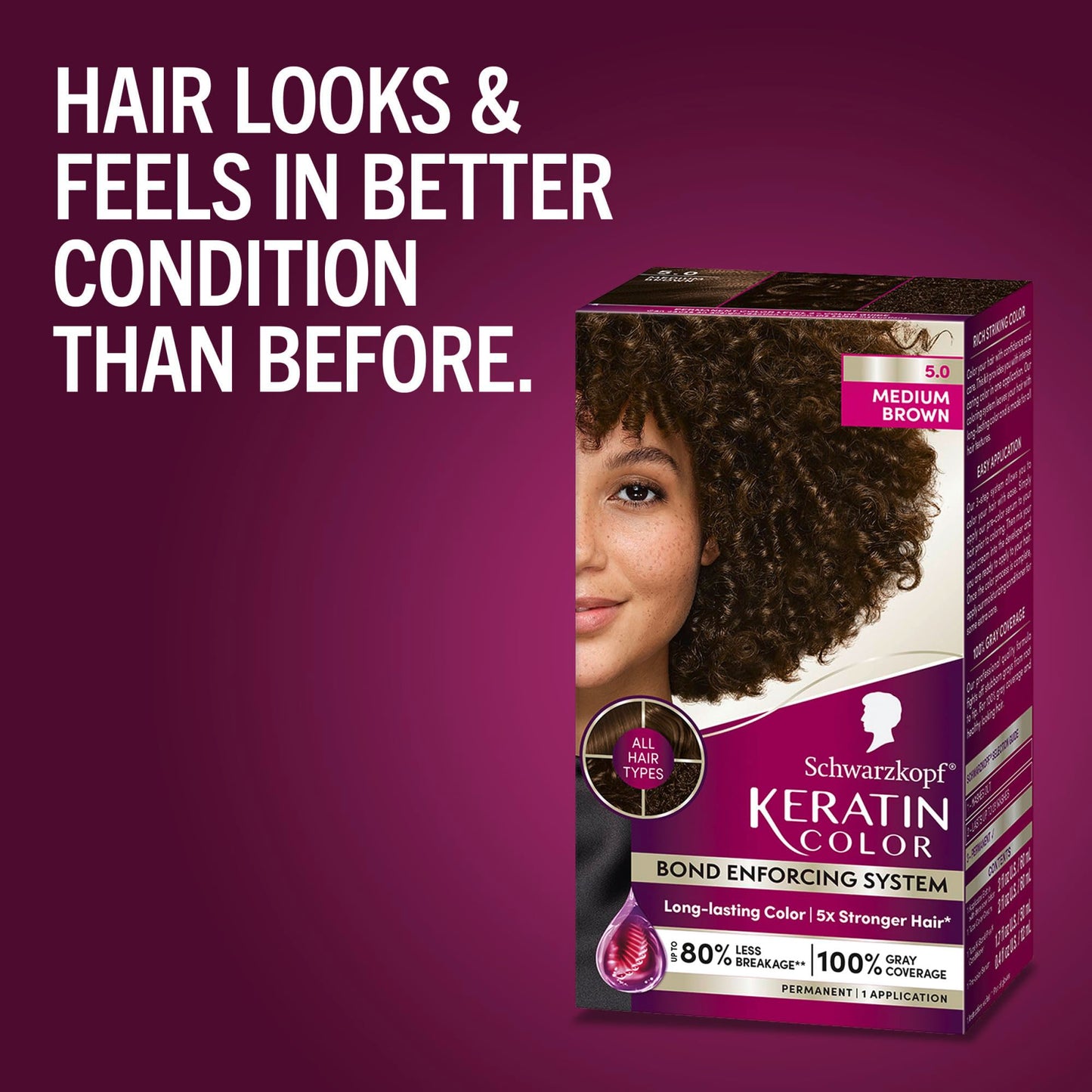 Schwarzkopf Keratin Color Permanent Hair Color, 5.0 Medium Brown, 1 Application - Salon Inspired Permanent Hair Dye, for up to 80% Less Breakage vs Untreated Hair and up to 100% Gray Coverage