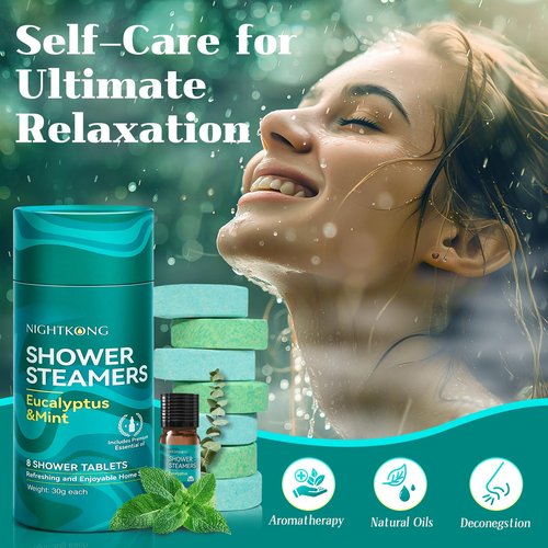 Shower Steamers Aromatherapy 8 Packs with 5ml Essential Oil, Eucalyptus for Shower, Birthday Gifts for Women Men, Valentines Day Gift for Him Her, Eucalyptus & Mint for Nasal Congestion, Stress Relief