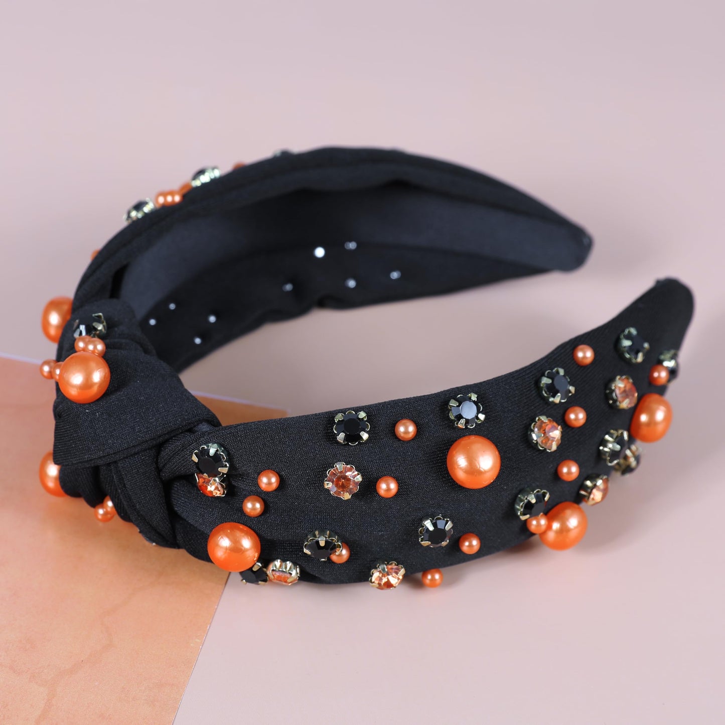 Gmmidea Halloween Pearl Knotted Headbands for Women Sparkly Beaded Crystal Embellished Headband Wide Top Knot Black Pumpkin Hairband Fancy Girls Halloween Hair Accessories Outfits