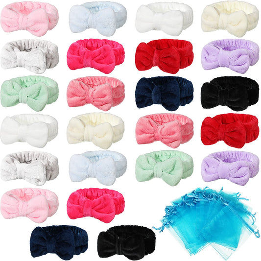 Jexine 24 Pieces Facial Makeup Headbands Spa Headband Bulk Bow Hair Head Band Fluffy Plush Headband with Gift Bags for Women Girls (Solid Pattern)