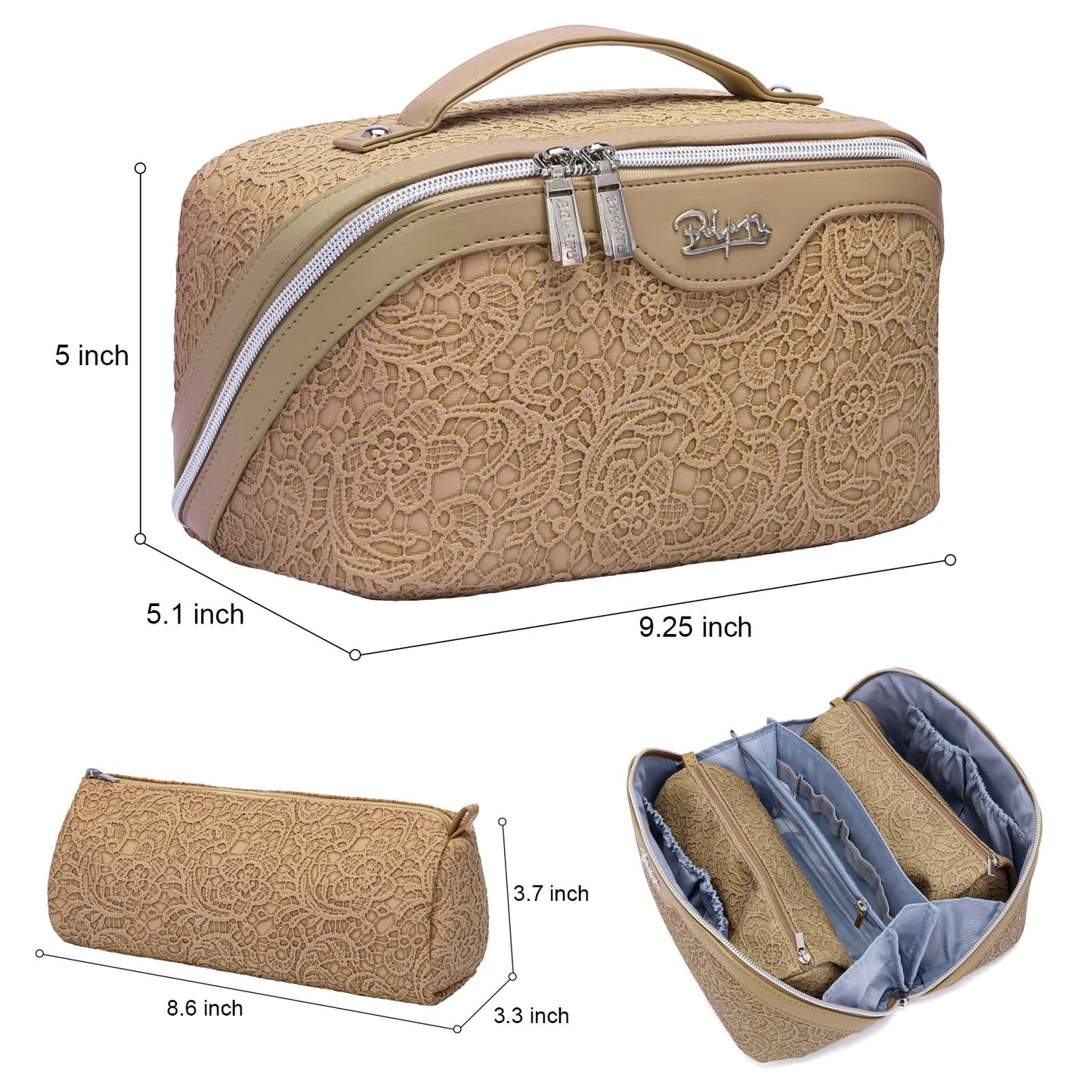 BOYATU Travel Makeup Bags Cosmetic Organizer Bag: 3-Set Large Capacity Make up Bag - PU Leather Toiletry Bags for Women - Wide Open Portable Pouch with Divider & Handle (03-Straw Yellow)