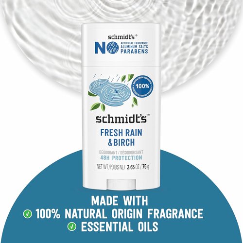 Schmidt's Vegan Deodorant - Aluminum-Free Fresh Rain & Birch | 24-Hour Odor Protection, 2.65 oz