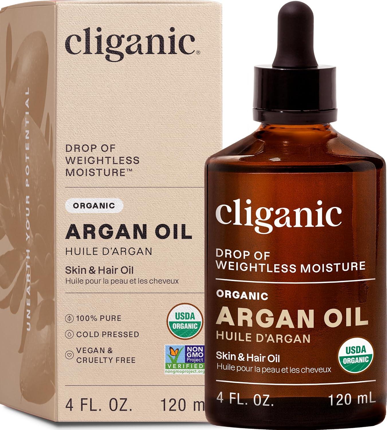 Cliganic Organic Argan Oil - 100% Pure Cold Pressed Carrier Oil for Hair, Face & Skin | Imported from Morocco