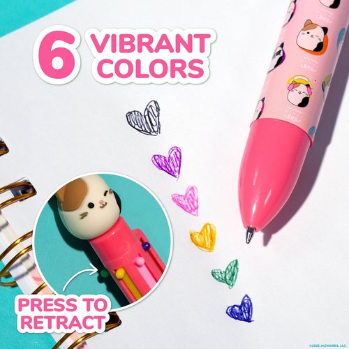 Original Squishmallows Multicolor Pen, Novelty Pen With 6 Inks and Cam the Cat Topper, Cool School Supplies, Cute Pens and Stationery, Gifts for Girls, Back to School Stuff