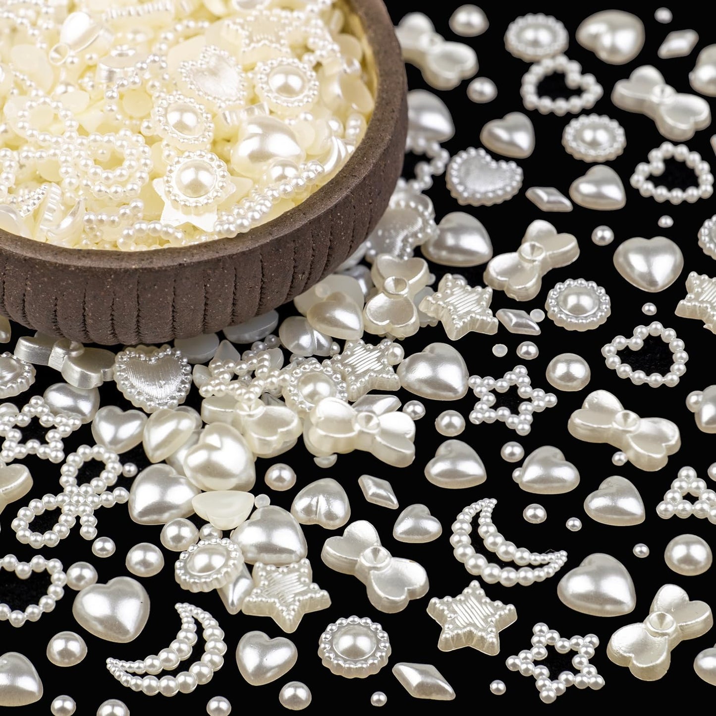 600Pcs 3D Multi Shapes Nail Charms and Flatback Pearls, Beige Mix Styles Heart Star Bow Sunflower Embellishments for Nail Art, Craft and Decoration with Glue Gel, Tweezer and Pickup Pencil