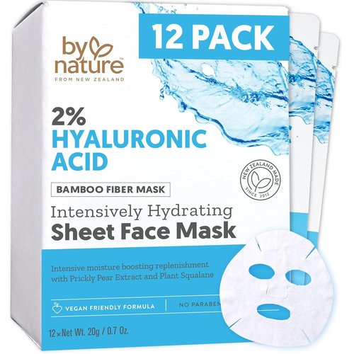 By Nature 2% Hyaluronic Acid Face Mask - Hydration Boost for Dry & Sensitive Skin | Pack of 12