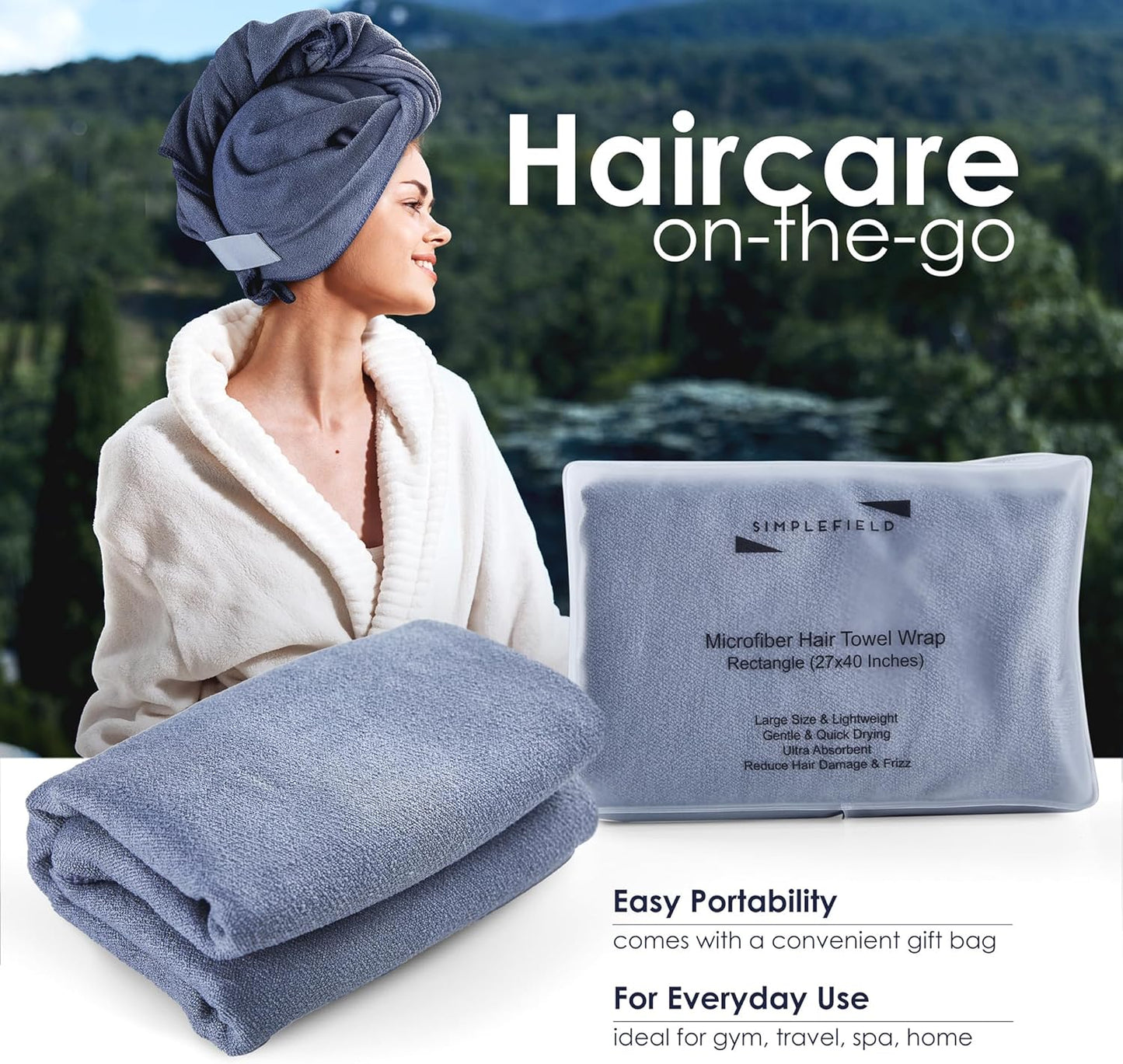 Skiennix Large Microfiber Hair Towel Wrap - Anti-Frizz Fast Drying for Long, Curly Hair | 27x40 Inches, Grey