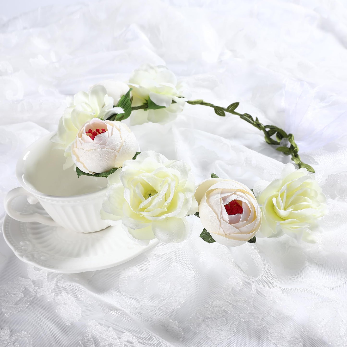 KorViSHOW 6 Pieces White Flower Crown Set for Women Girls Floral Headband Handmade Rose Headpiece Fairy Hair Accessories for Weeding Bride Bridesmaid(White Style)