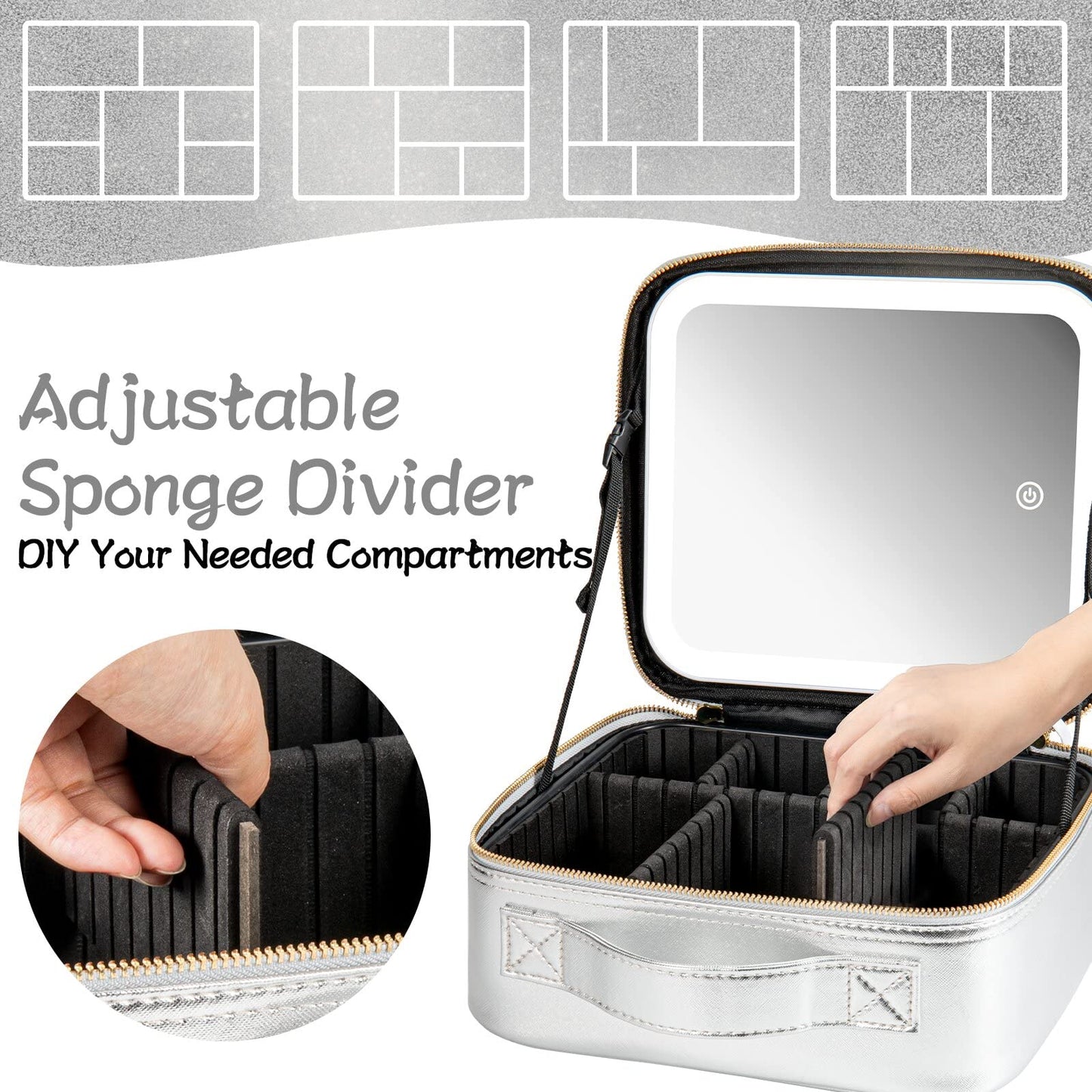 Extrei Gent Makeup Travel Train Case with Mirror LED Light 3 Adjustable Brightness Cosmetic Bag Portable Storage Adjustable Partition Waterproof Makeup Brushes Makeup Jewelry Gift for Women