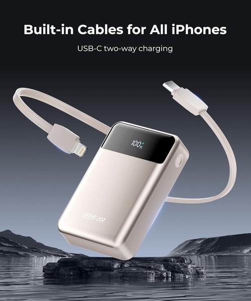 JOYFAR Portable Charger - 30000mAh Power Bank with Built-in Cable | Fast Charging for iPhone & Android (Gold)