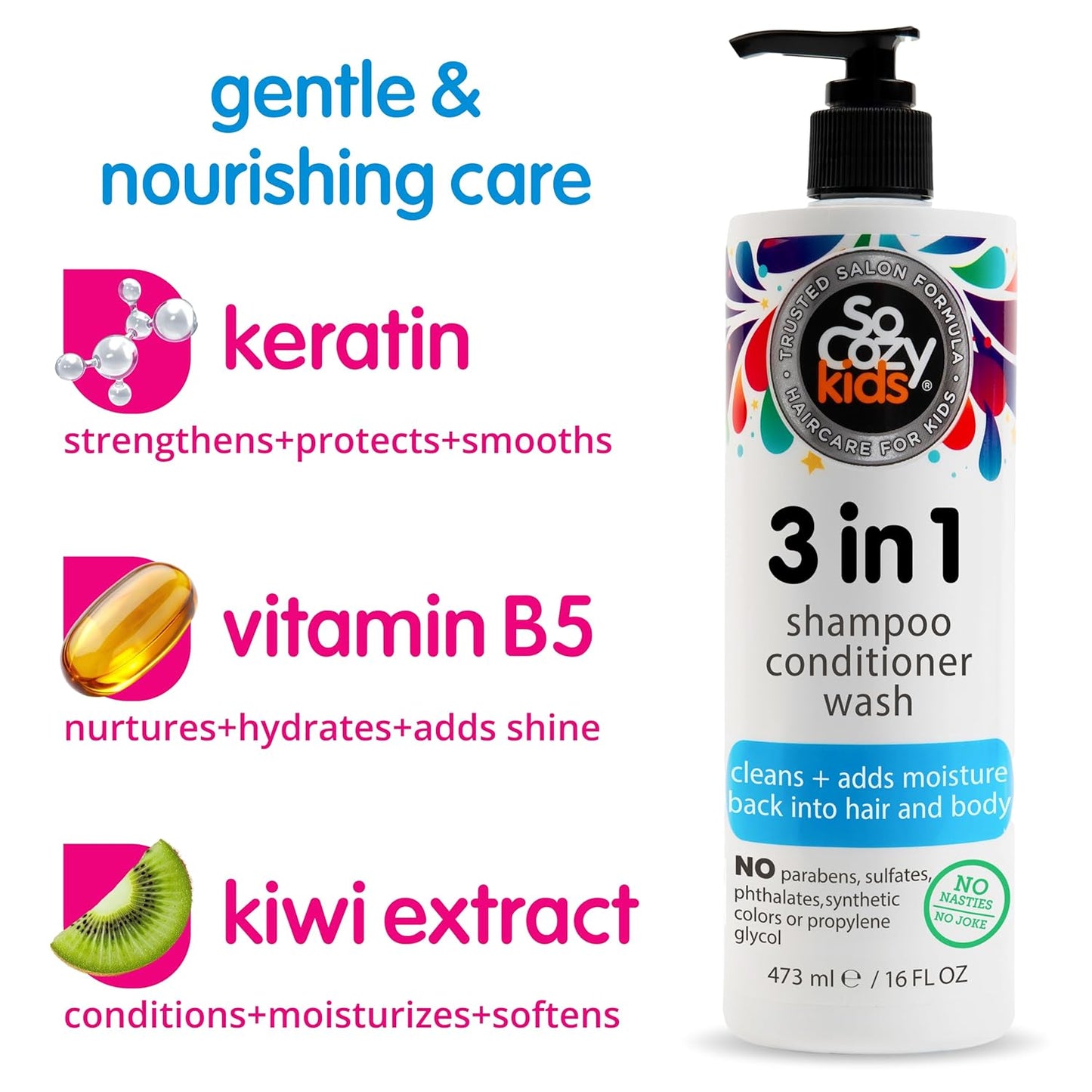 SoCozy 3 in 1 Kids Shampoo | Gentle Hydrating Hair & Body Cleanser with Keratin & Kiwi Extract - 16 Fl Oz