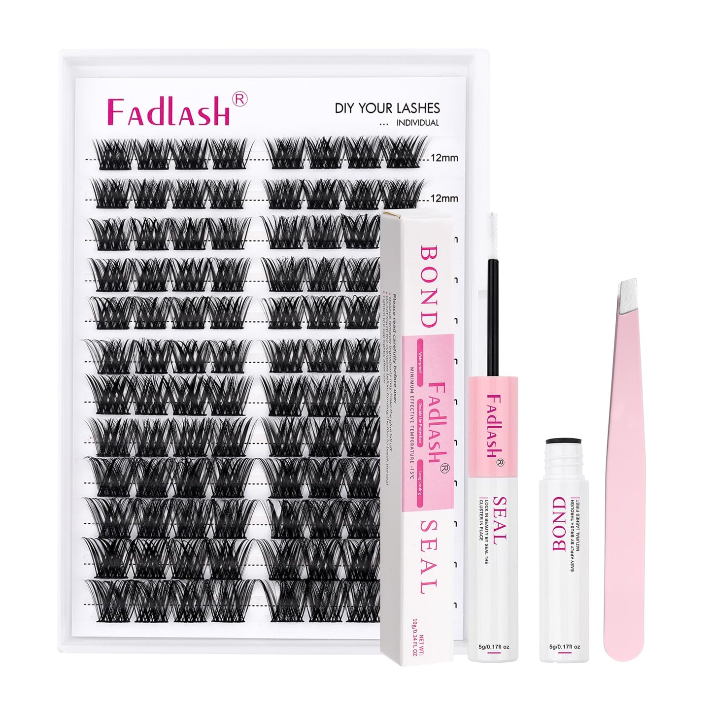 FADLASH Eyelash Extension Kit Lash Clusters Mix Tray Thin Band DIY Lash Extension Kit with Lash Bond and Seal Lash Tweezers Eyelash Applicator Tool Individual Lashes(F2-0.07D-12-18mm Kit)