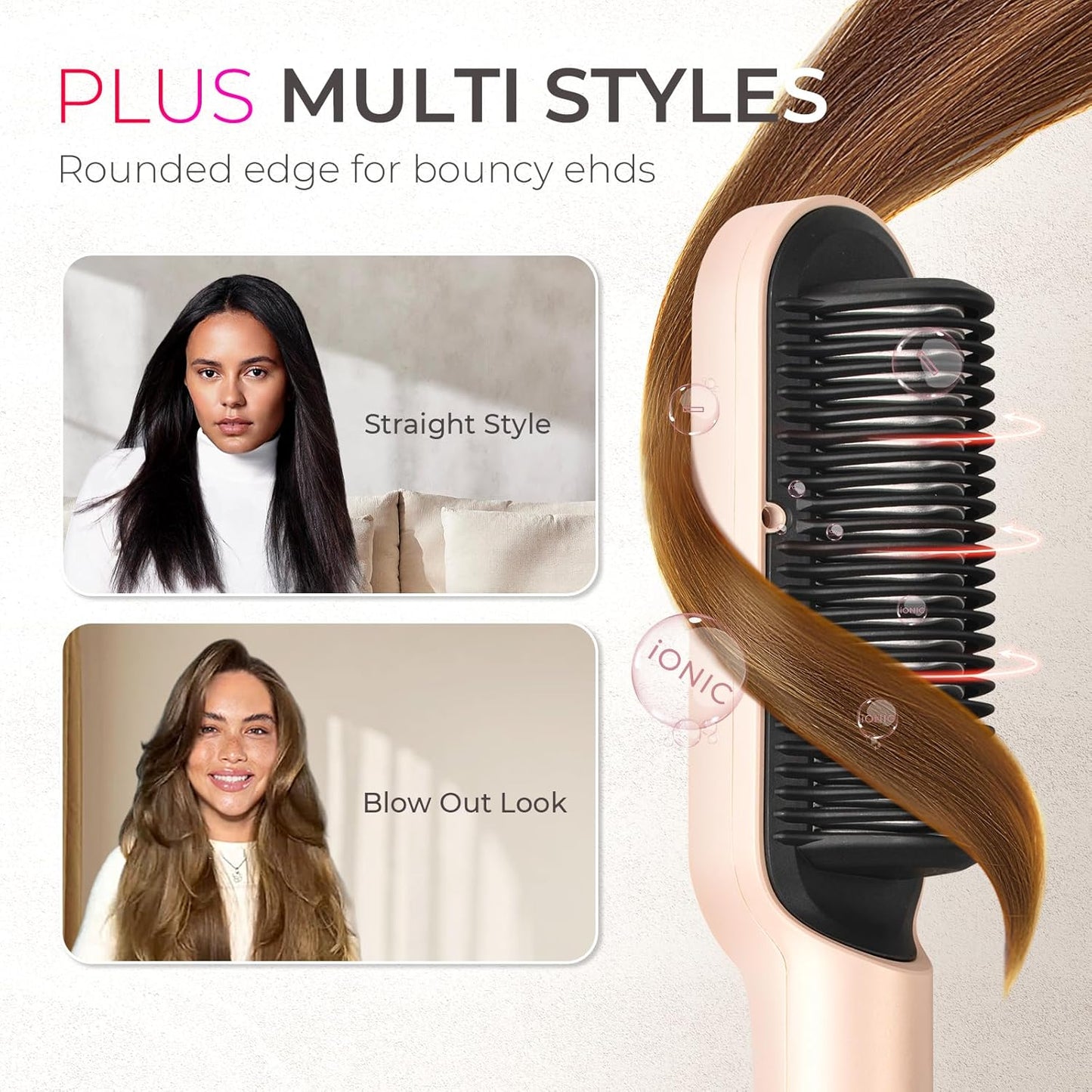 TYMO Ring Plus Ionic Hair Straightener Brush - Professional Styling Tool with 9 Temp Settings & LED Display | Gold Blush