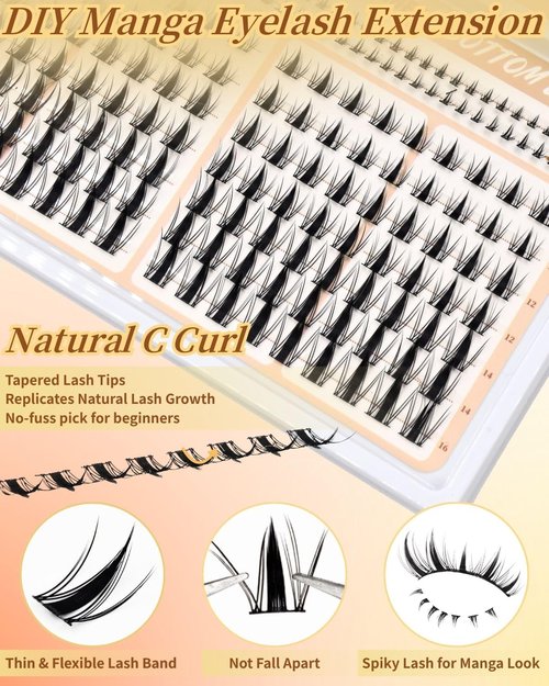 Cutey Manga Lash Clusters - Wispy Individual Lash Extensions, 126pcs Natural C Curl, DIY Anime Lashes (10-16mm)