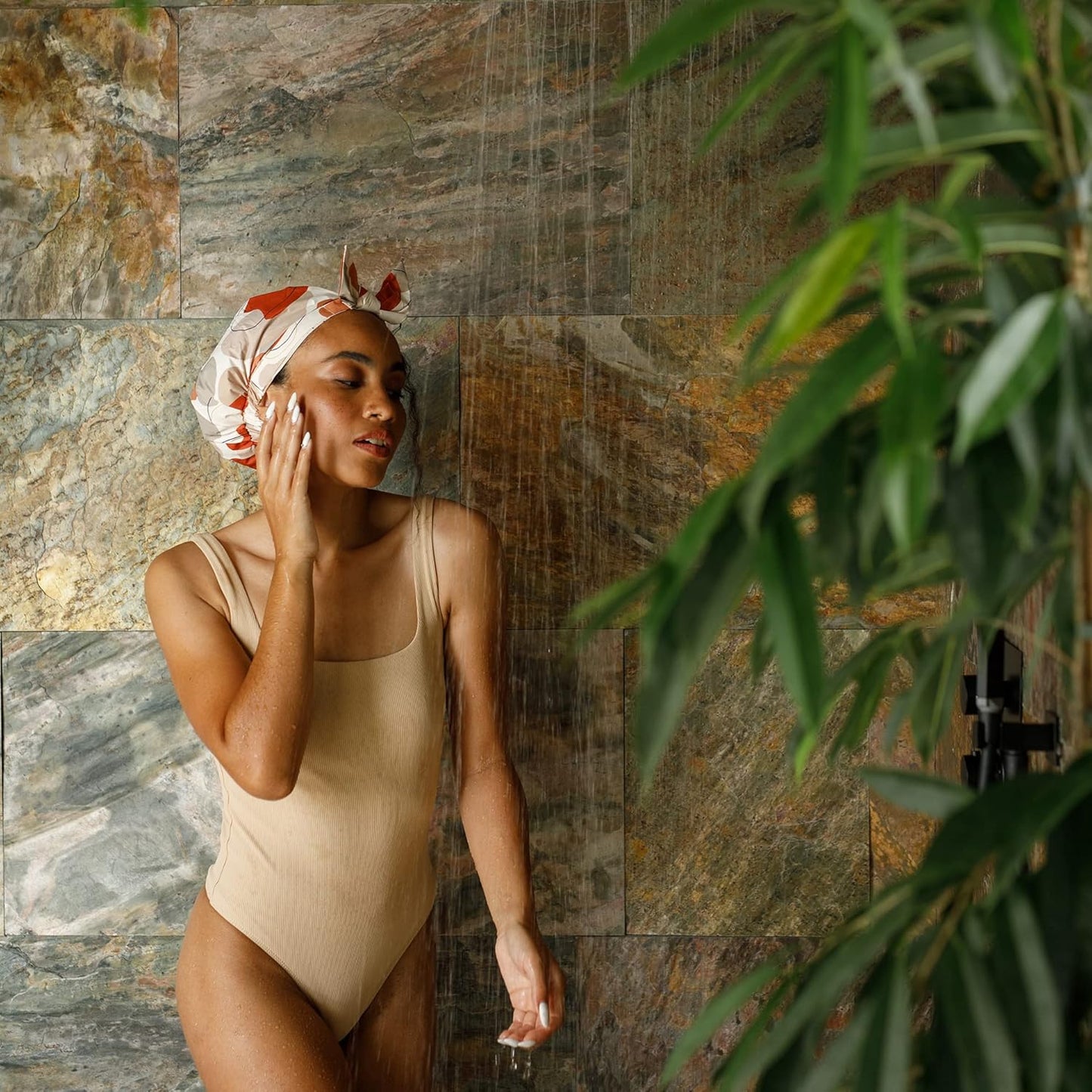SMPL OBJECTS Luxury Waterproof Shower Cap - Fashionable Reusable Turban for Long Hair | Beige